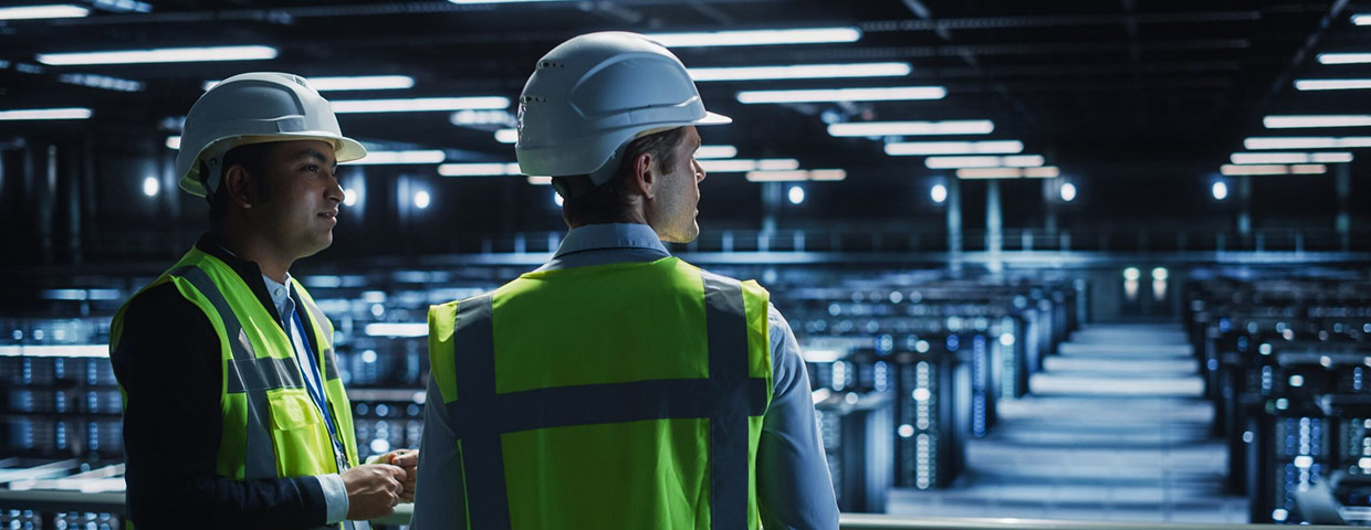Two workers looking out over a large data center full of servers