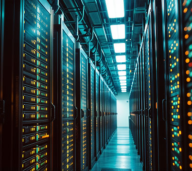 Looking down an aisle of rack-mounted servers