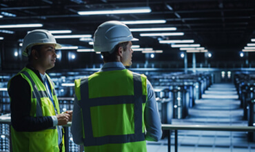 Two data center workers looking over rows of servers